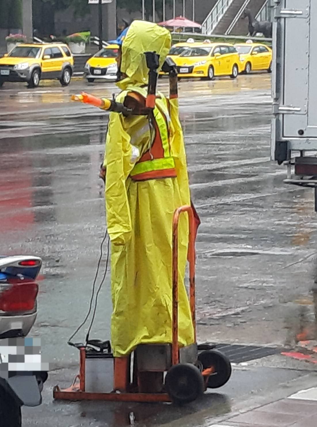 雨中の旗振り